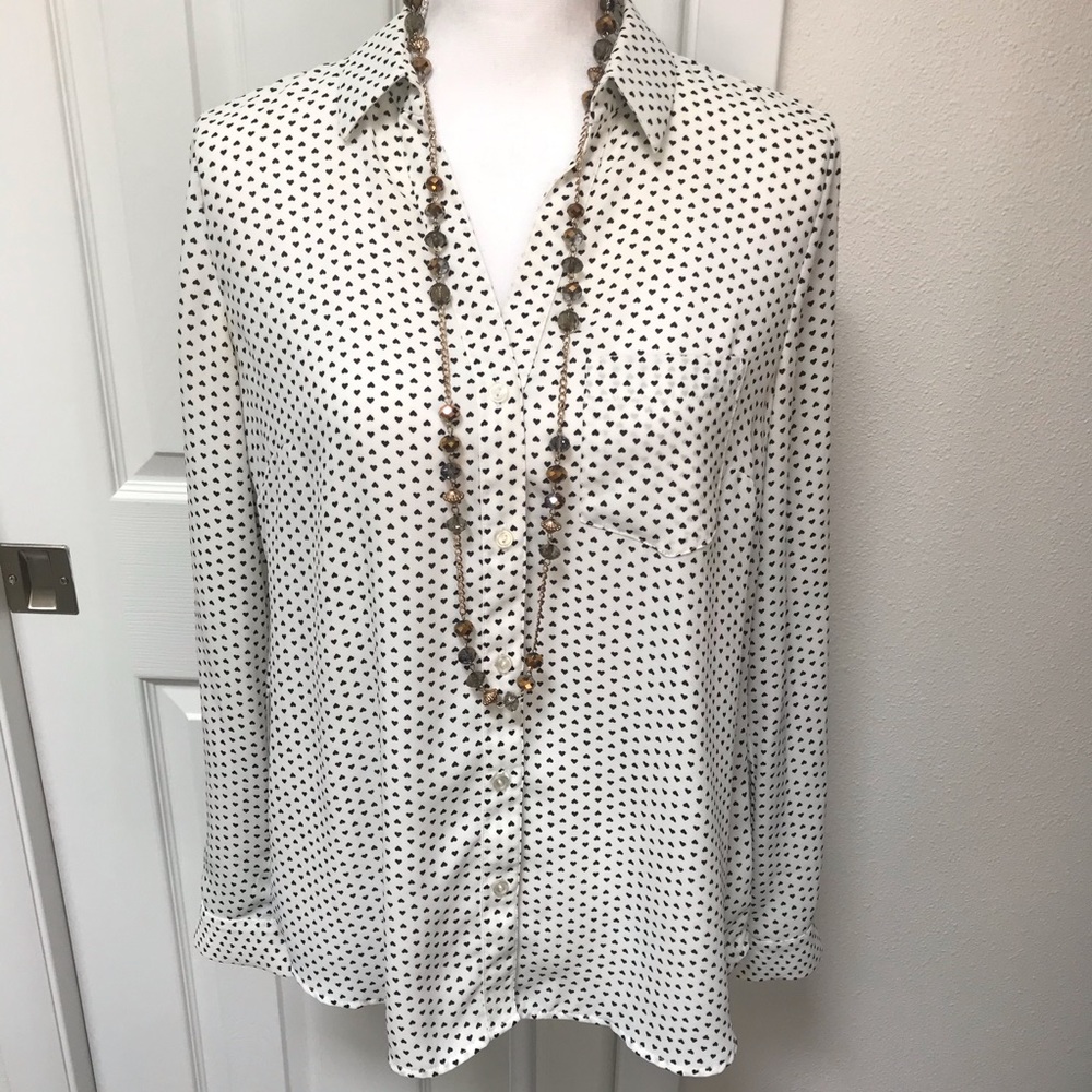 THE LIMITED Heart Pattern White Black Button Down Y-Neck Blouse M - Picture 2 of 7